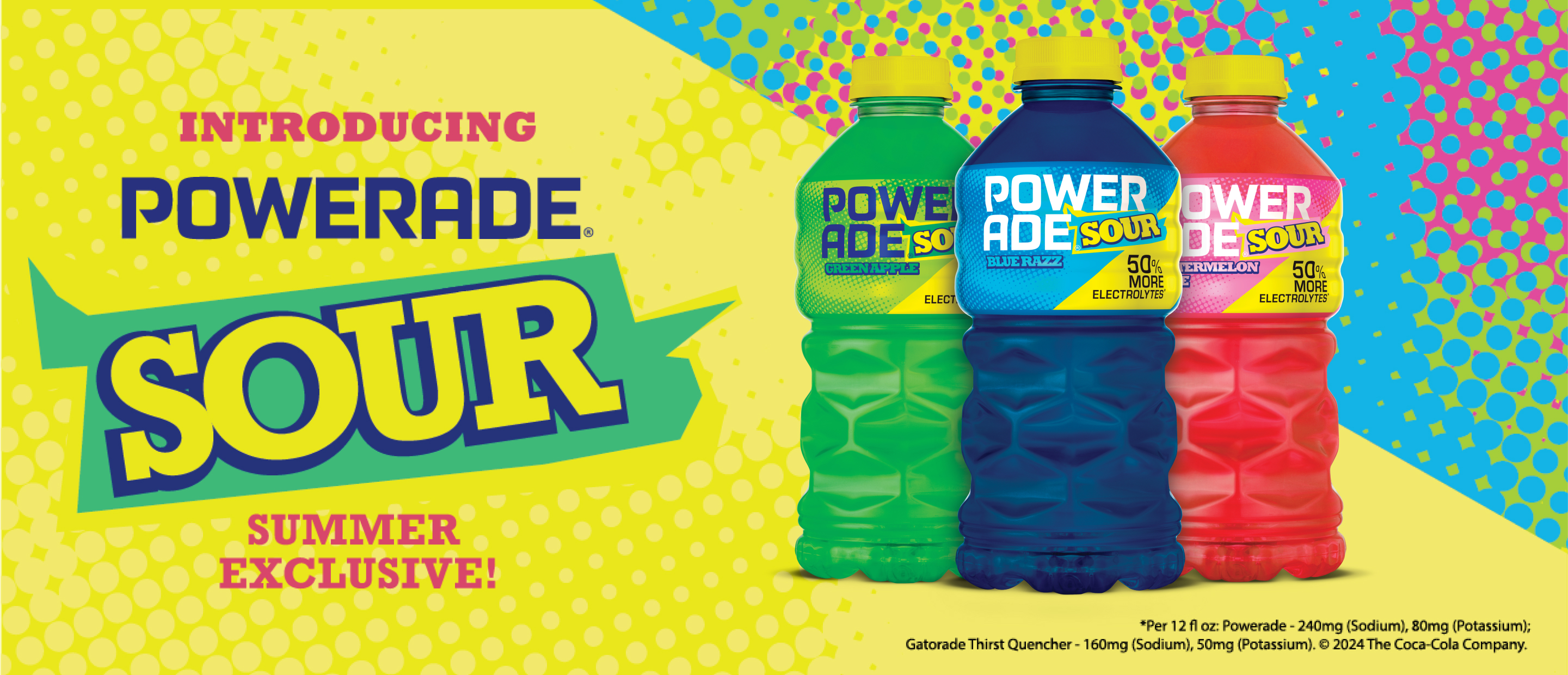three bottles of powerade sours against a yellow background