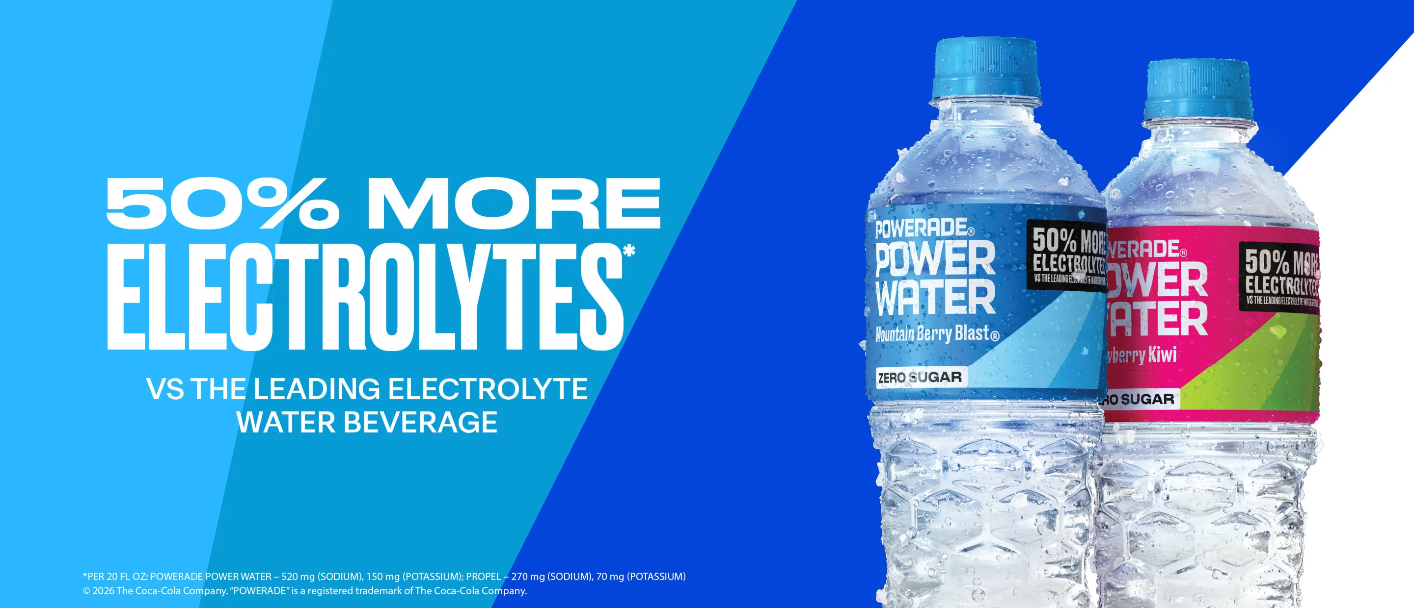 A blue-toned advertisement with bold white text reading "50% More Electrolytes vs the leading electrolyte water beverage," alongside two condensation-covered Powerade Power Water bottles: Mountain Berry Blast (blue label) and Strawberry Kiwi (pink label), both marked "Zero Sugar." Fine print at the bottom cites electrolyte comparison data and Coca-Cola Company trademark information.